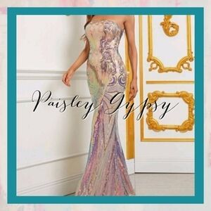 CHAMPAGNE BAROQUE PREMIUM BRAND AND QUALITY SEQUINED BLACK TIE MAXI DRESS